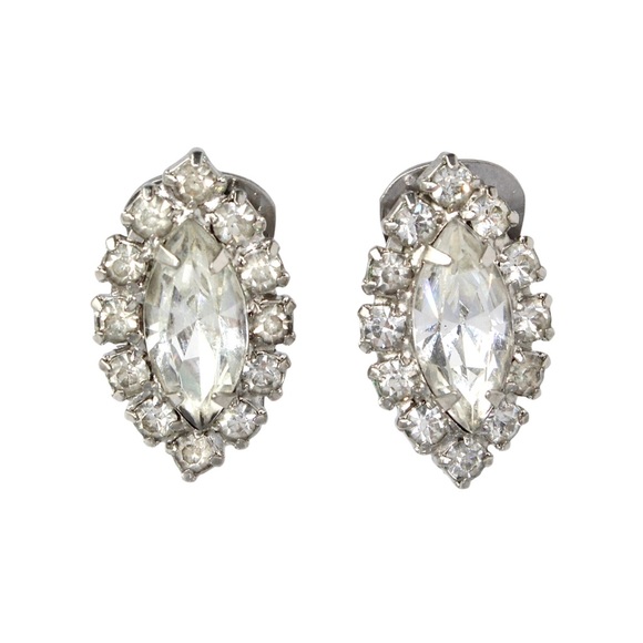 Vintage Marquise Rhinestone Halo Clip On Earrings Silver Tone Large Estate - Picture 1 of 4